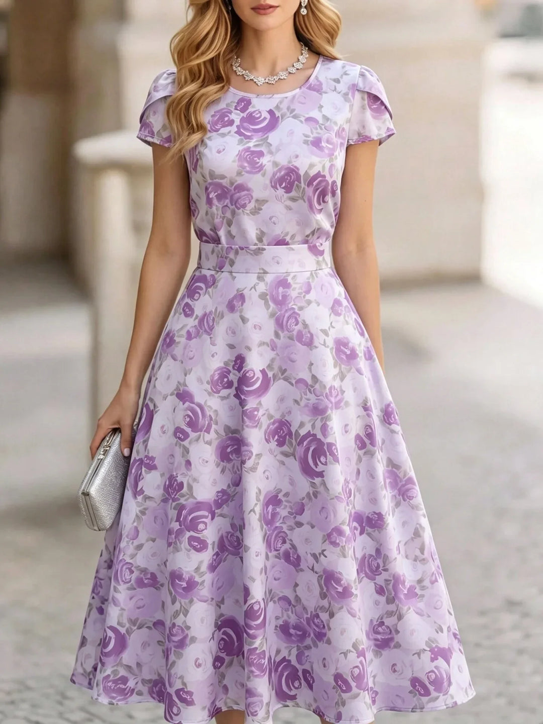 Isaline Elegant Floral Short Sleeve Midi Dress