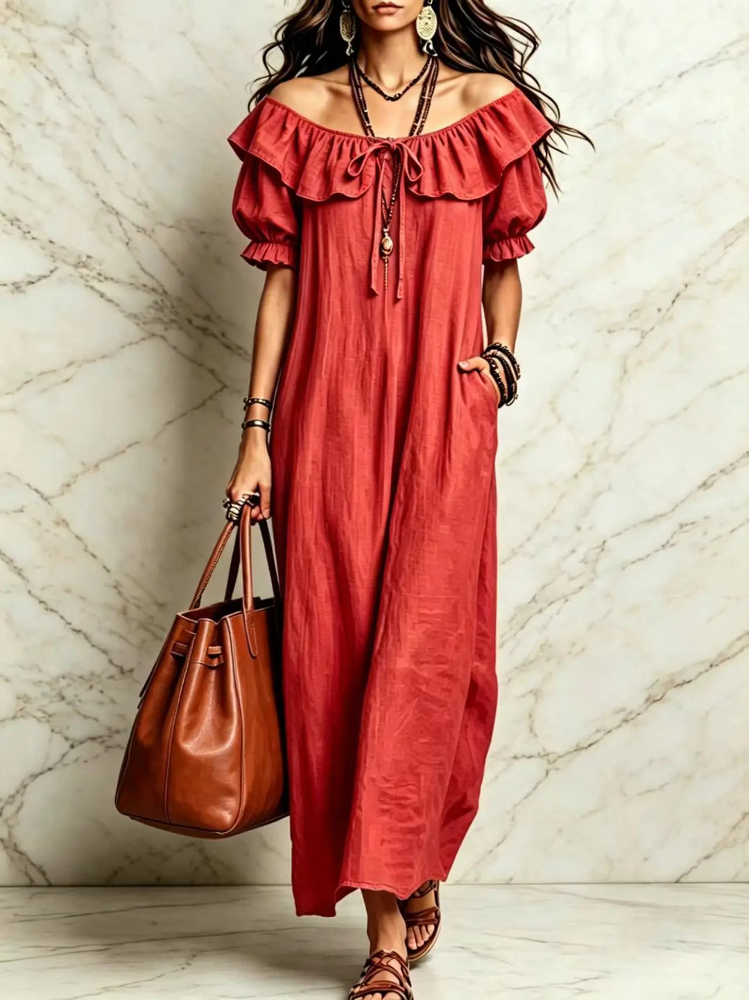 Cavenna Off Shoulder Boho Maxi Dress