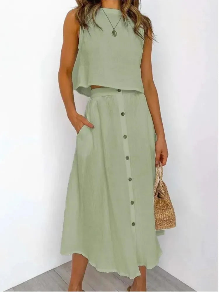 Levarn Sleeveless Top And Button Midi Skirt Set