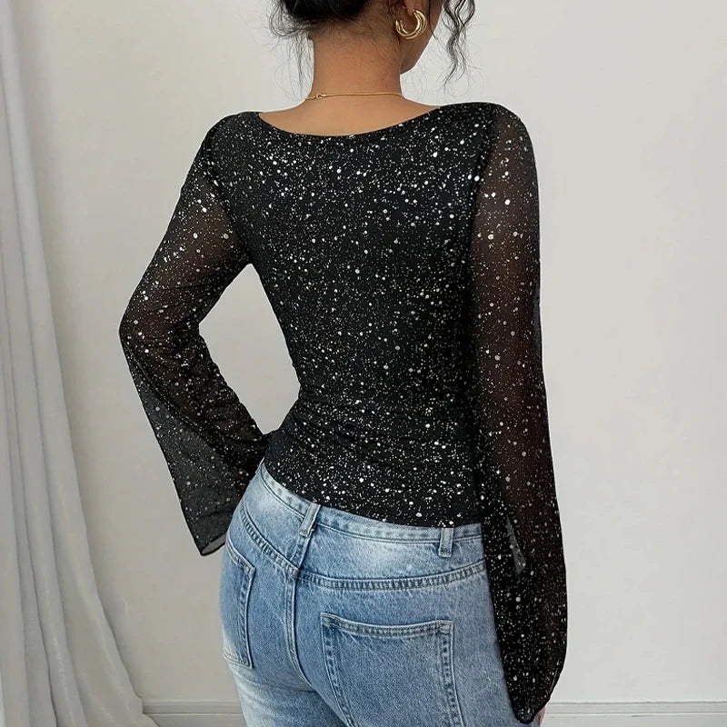 Jazlynn Sequin Mesh Blouse