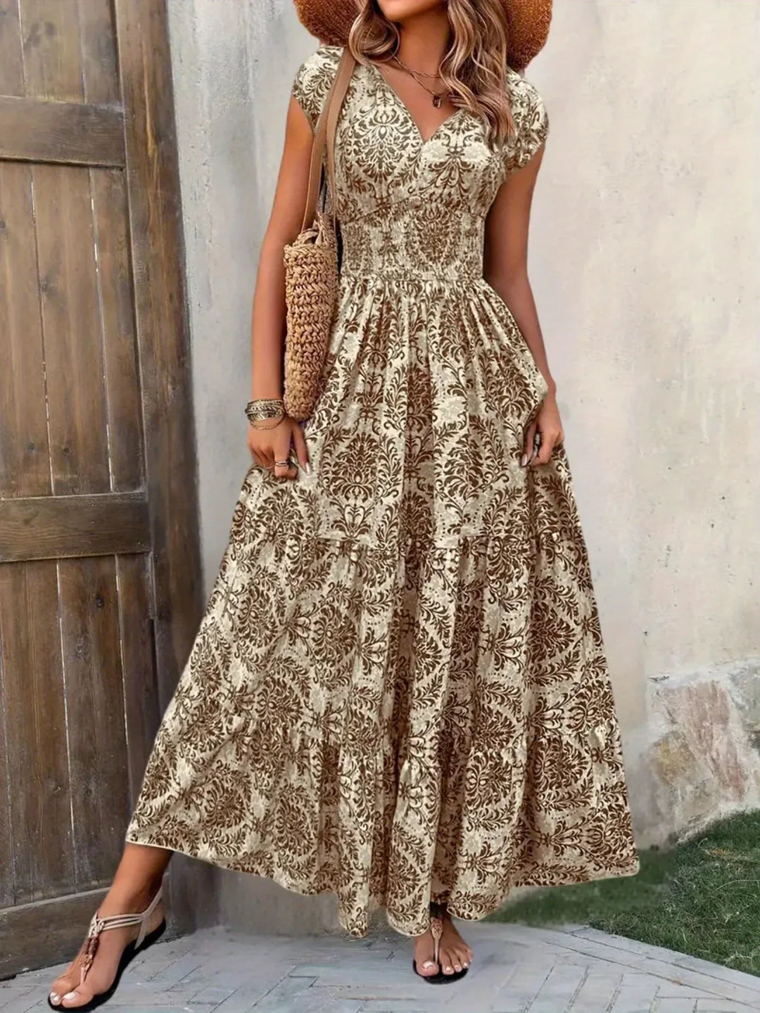 Alessa Floral V Neck Long Sleeve Flared Midi Dress