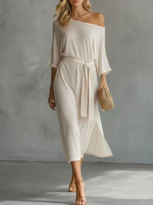 Evelienne Off Shoulder Waist Tie Midi Dress