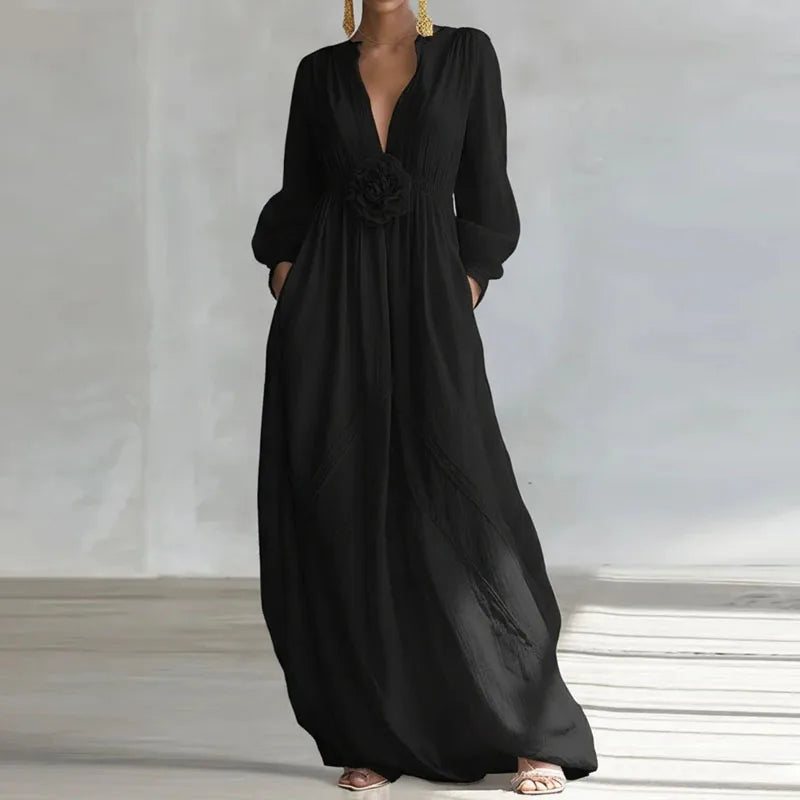Evelia Deep V Neck Maxi Dress