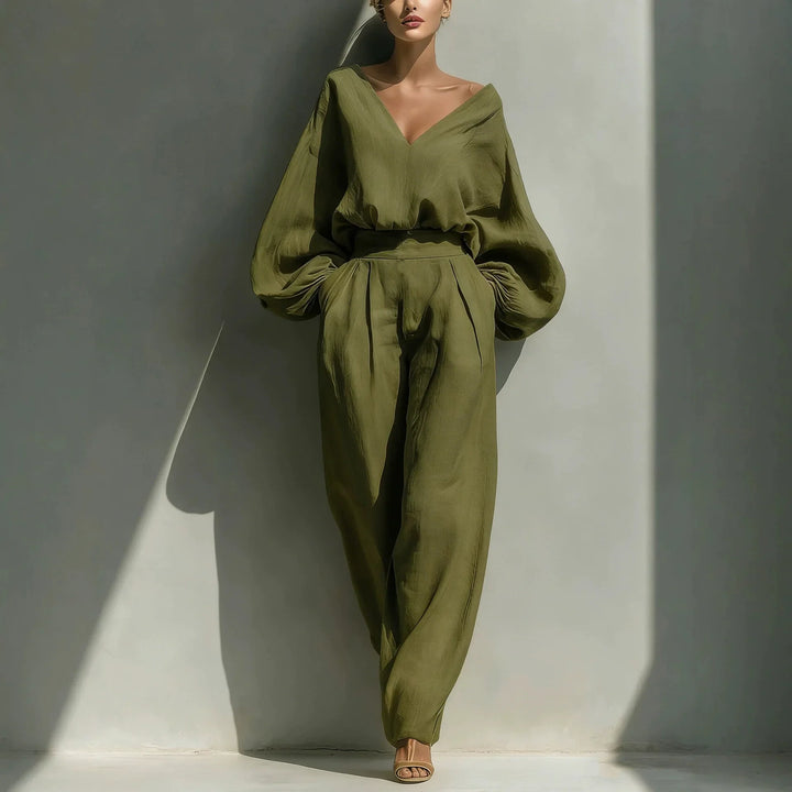 Maelle Casual Deep V Neck Linen Pants Set