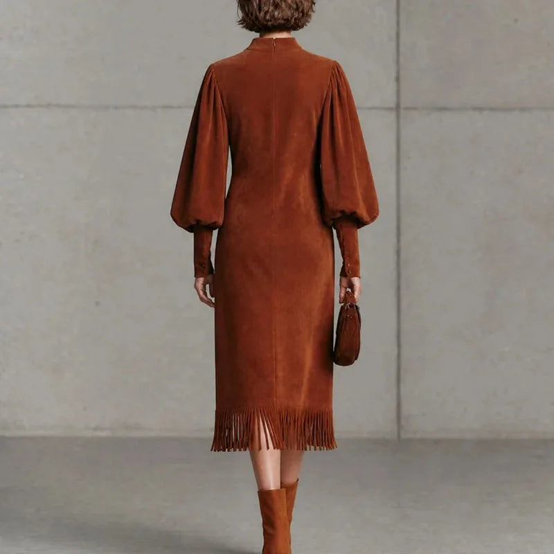 Zinnia Lantern Sleeve Fringe Dress