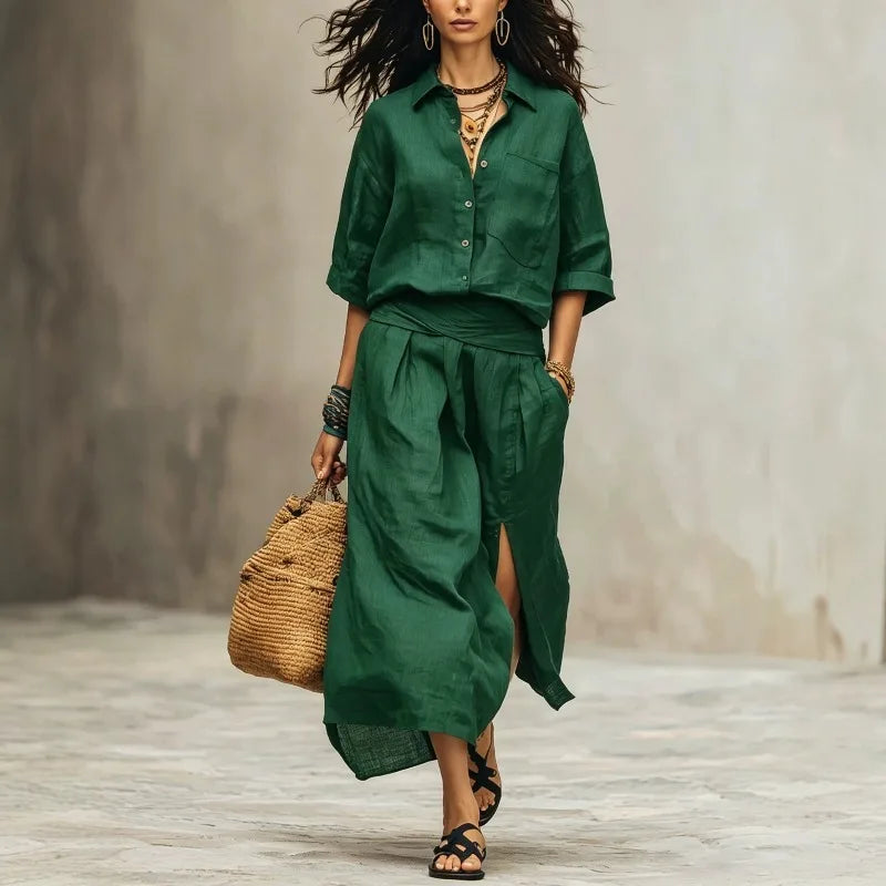 Kayla Linen Shirt and Midi Skirt Set