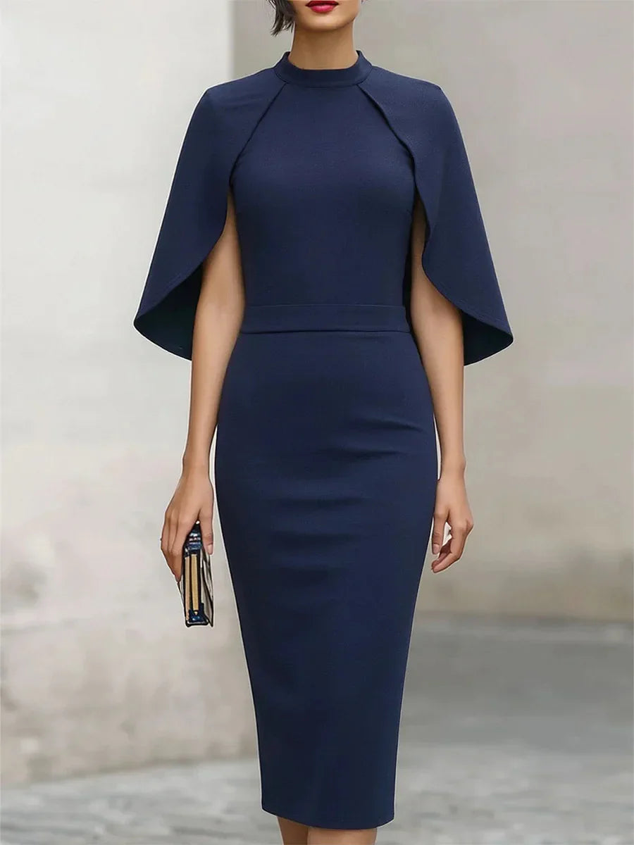 sleeves semi formal dresses Sabina Cape Sleeve Semi Formal Dress, Navy Blue / L- Women's Fashion