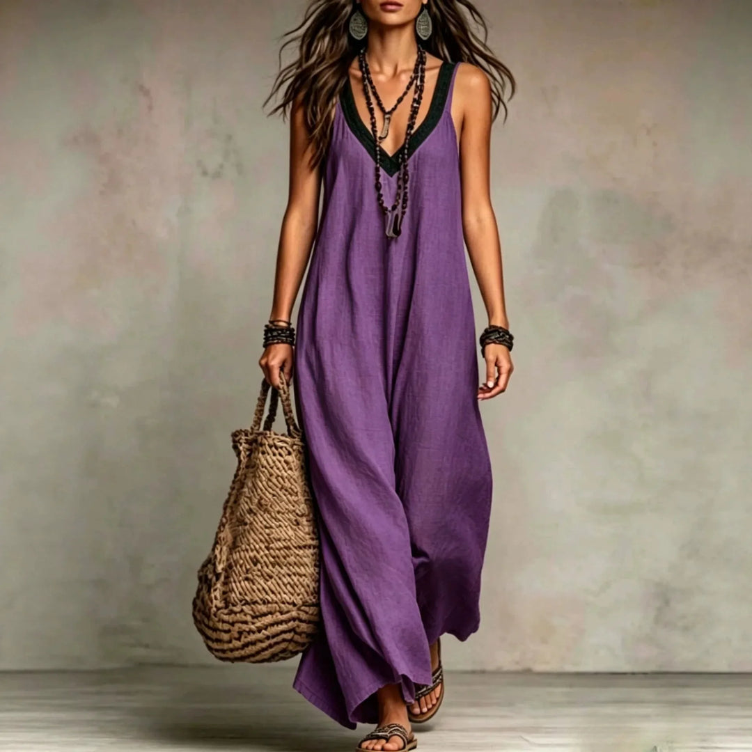 Eulalia Bohemian V Neck Sleeveless Cotton Linen Maxi Dress