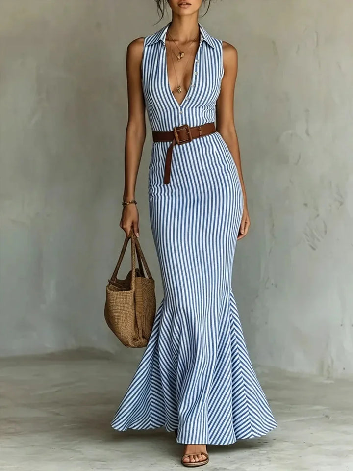 Galina Elegant V Neck Striped Long Dress