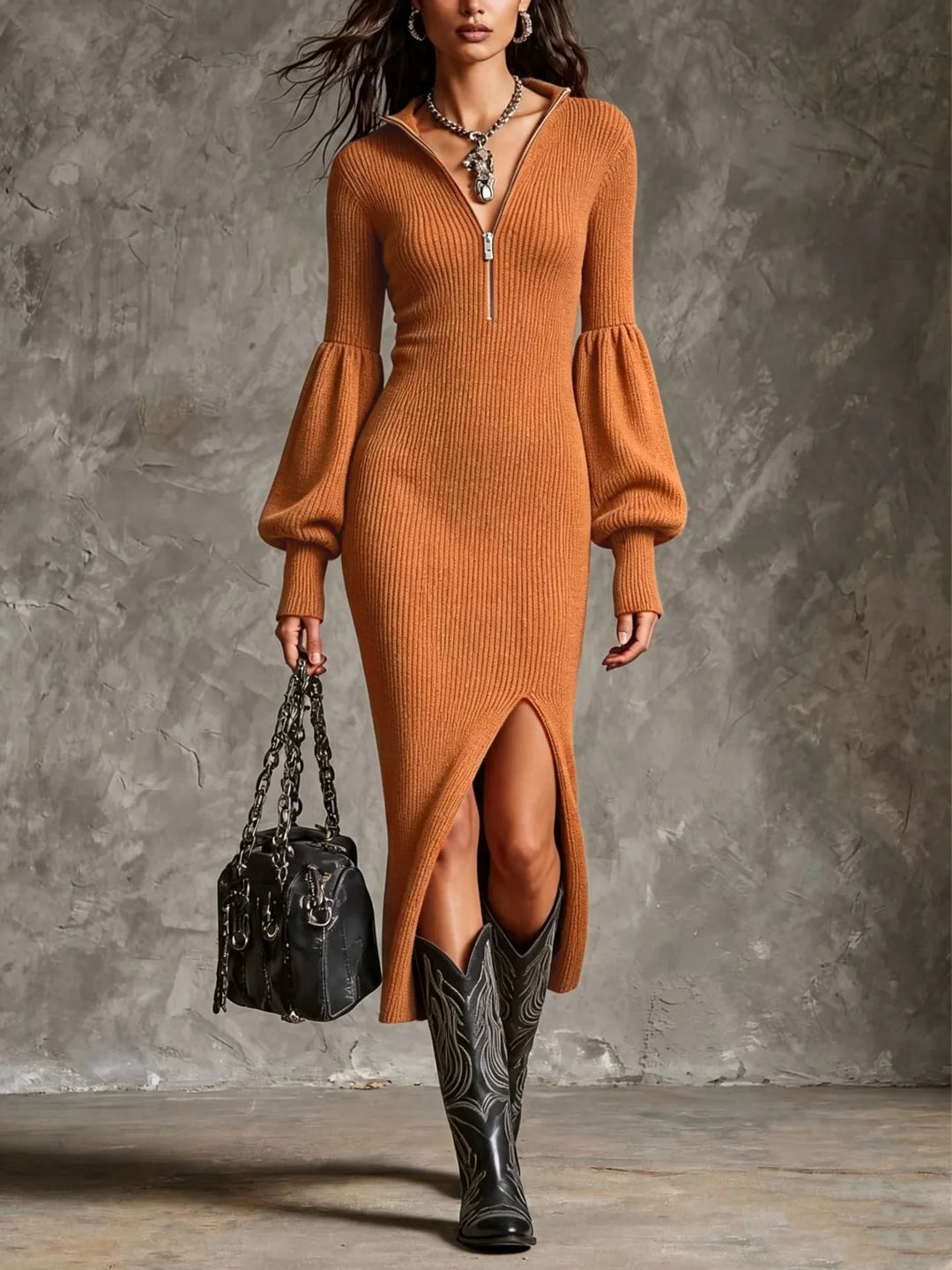 Amaris Half Zip Ribbed Midi Dress