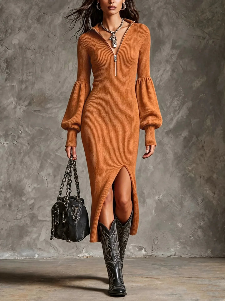 Amaris Half Zip Ribbed Midi Dress
