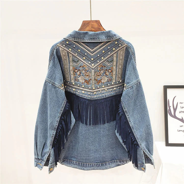 Tiana Embroidered Fringe Denim Jacket