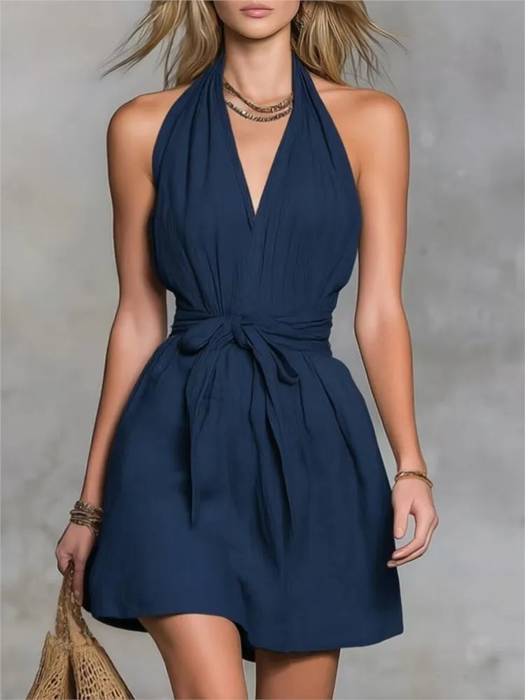 Katherine Drawstring Halter Mini Dress