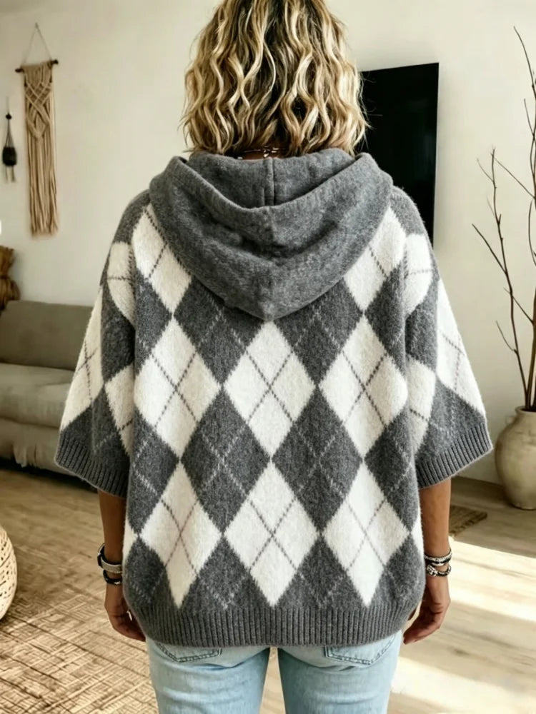 Odalene Argyle Drawstring Hood Knit