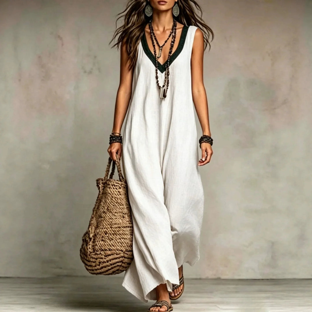 Eulalia Bohemian V Neck Sleeveless Cotton Linen Maxi Dress