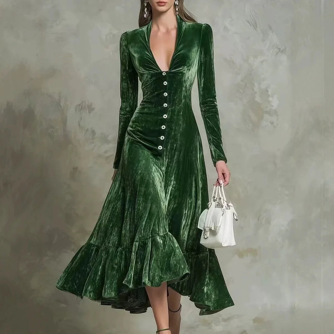 Marchetta Button Front Velvet Dress