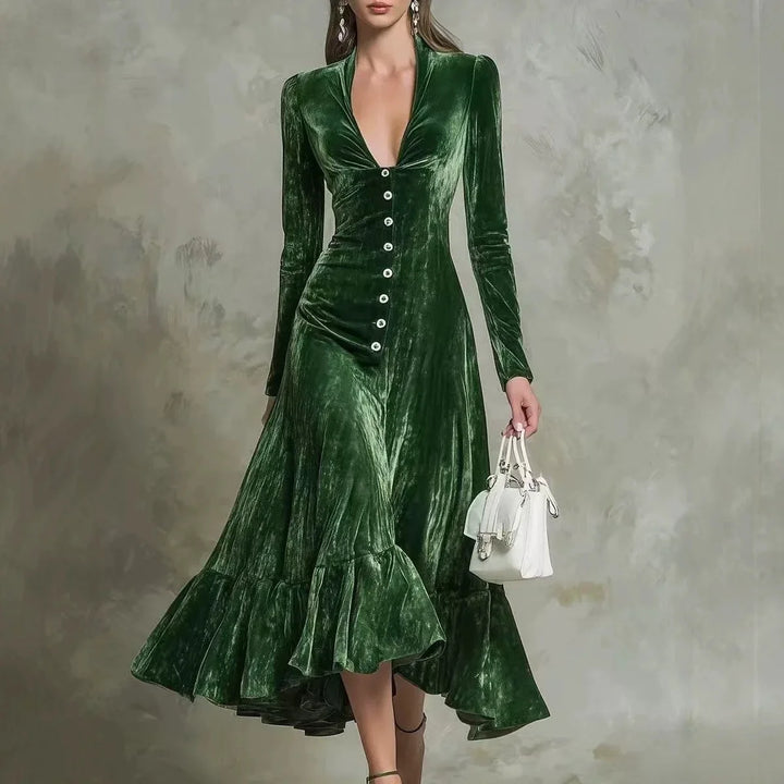 Marchetta Button Front Velvet Dress