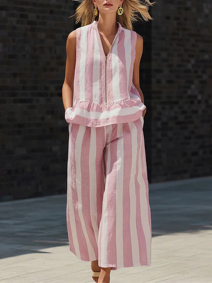 Briar Striped Zip Front Sleeveless Pants Set