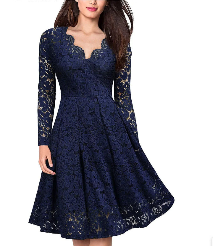 Rhiannon Lace Long Sleeve V Neck Midi Dress