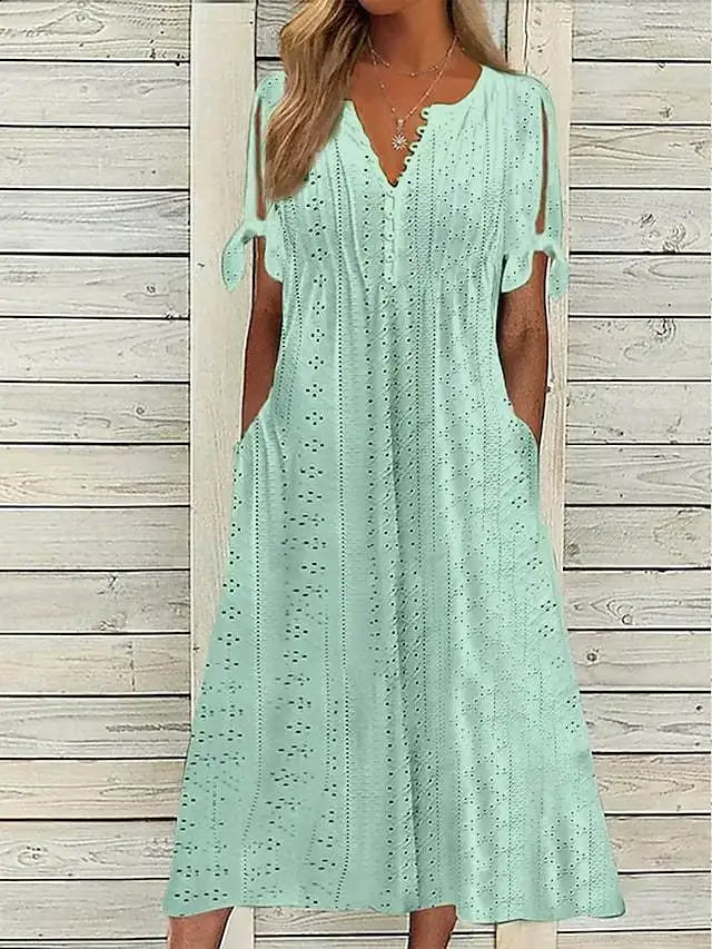 Thalora V Neck Eyelet Midi Dress