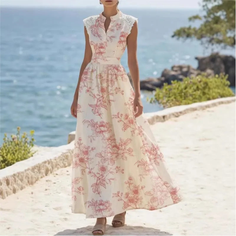 Ondine Elegant Lace Panel Floral Maxi Dress