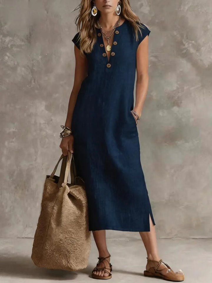 Sabine Relaxed V Neck Button Front Midi Dress