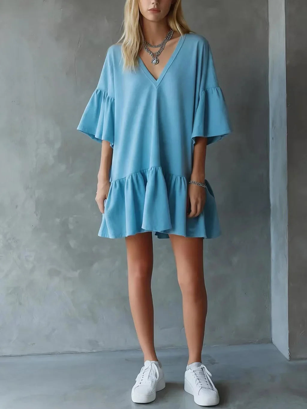 Soliana Lightweight V Neck Mini Dress