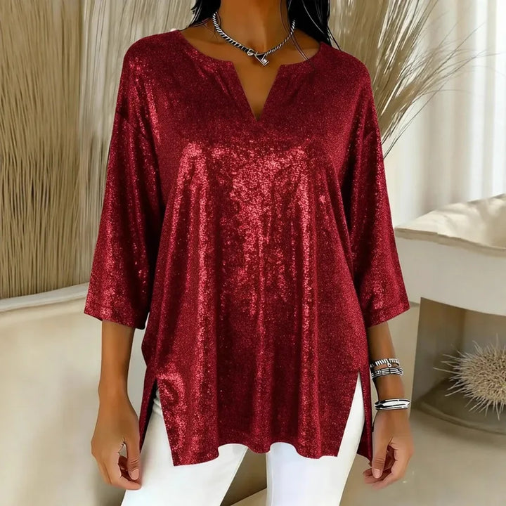 Corinne Shimmer Split Neck Blouse