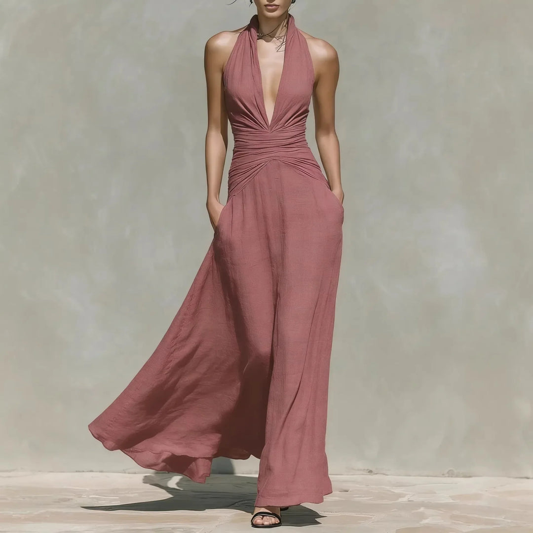 Amoura V Neck Sleeveless Ruched Bodycon Maxi Dress