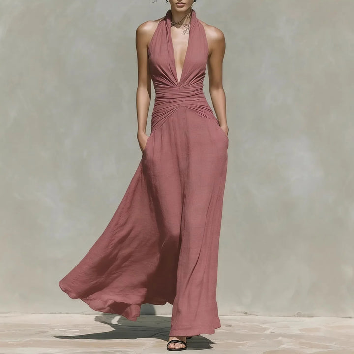 Amoura V Neck Sleeveless Ruched Bodycon Maxi Dress