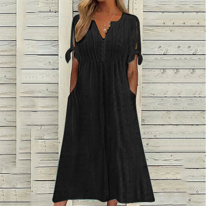 Thalora V Neck Eyelet Midi Dress