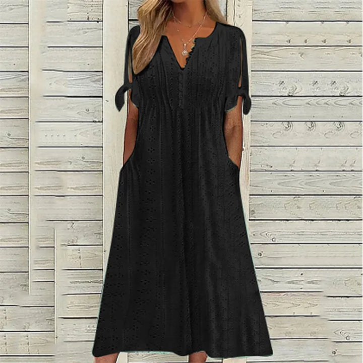 Thalora V Neck Eyelet Midi Dress