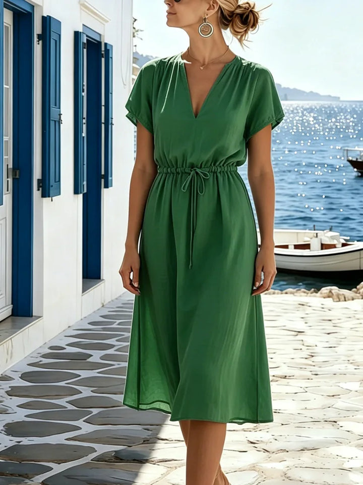 Elowina Elegant V Neck Gathered Waist Midi Dress
