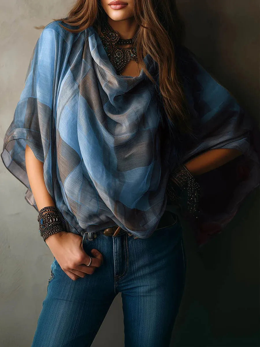 Ophira Draped Plaid Chiffon Blouse