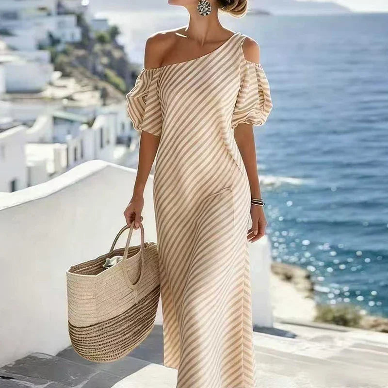 Lazara Bohemian Striped One Shoulder Maxi Dress