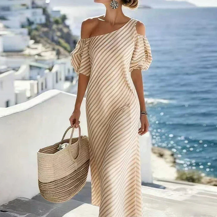 Lazara Bohemian Striped One Shoulder Maxi Dress