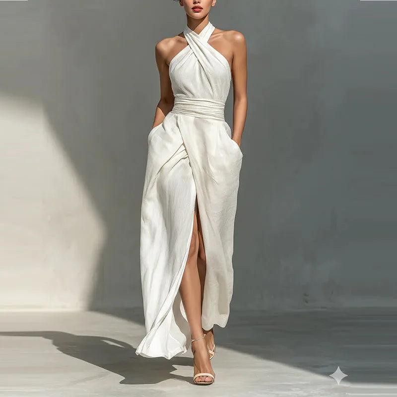 solid cross halter satin dress Francesca Satin Halter Tie Neck Floor Length Dress main image 1