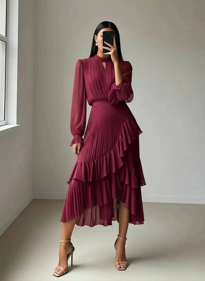 Yvonne Pleated Ruffle Midi Dress
