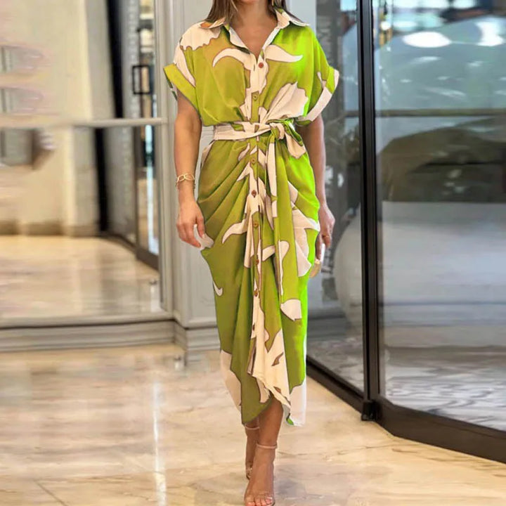 Dahlina Printed Tie Waist Shirt Midi Dress