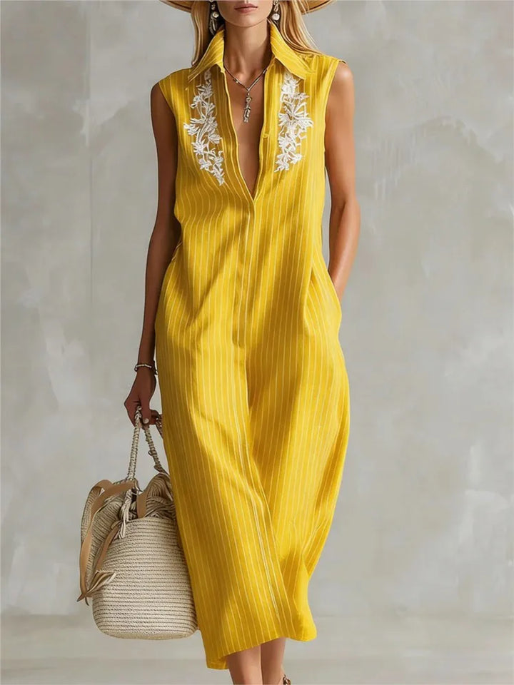 Magnolia Striped V Neck Midi Shirt Dress