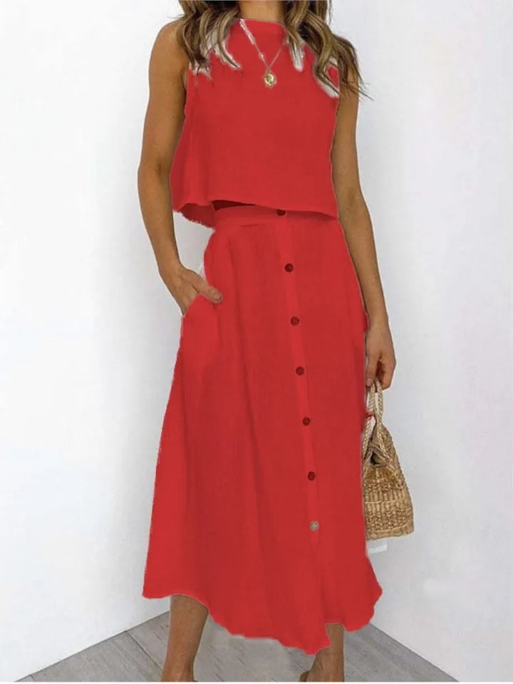 Levarn Sleeveless Top And Button Midi Skirt Set