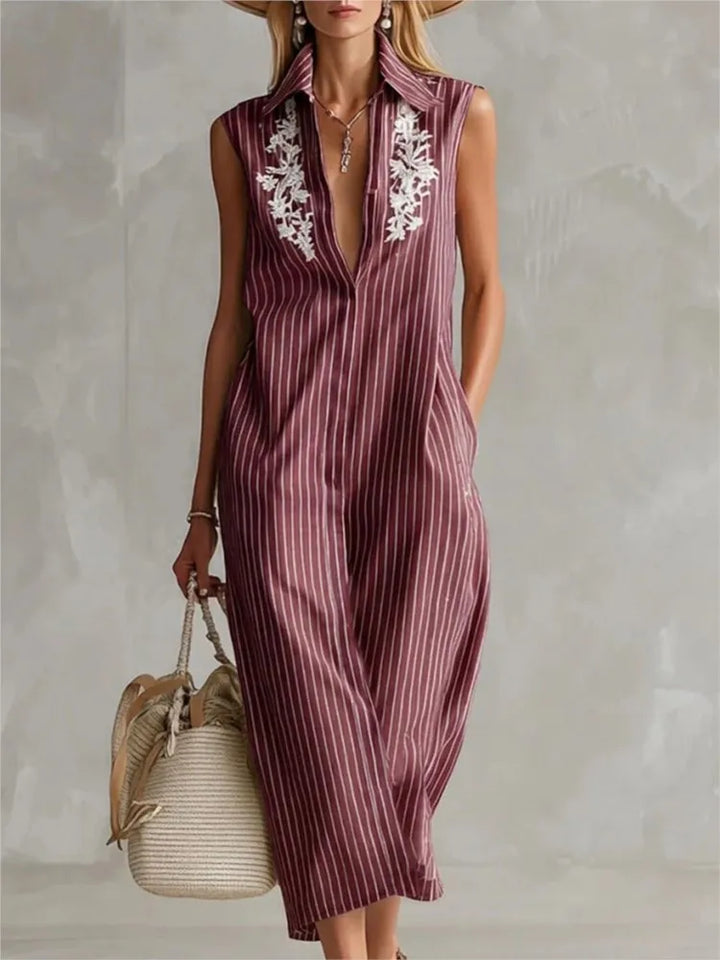 Magnolia Striped V Neck Midi Shirt Dress
