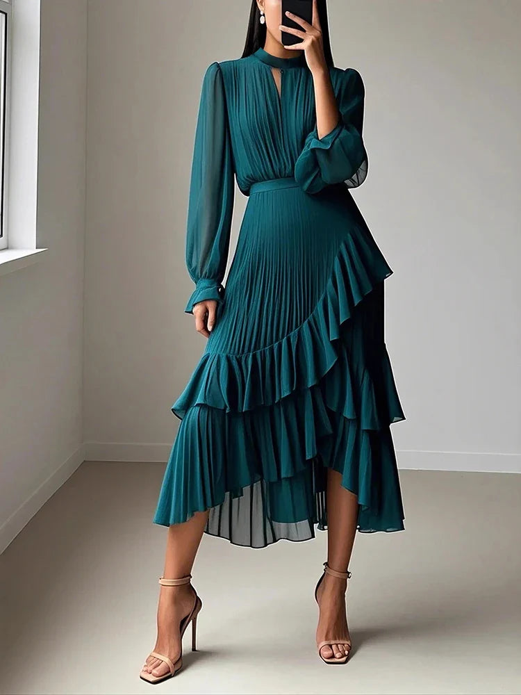 Yvonne Pleated Ruffle Midi Dress