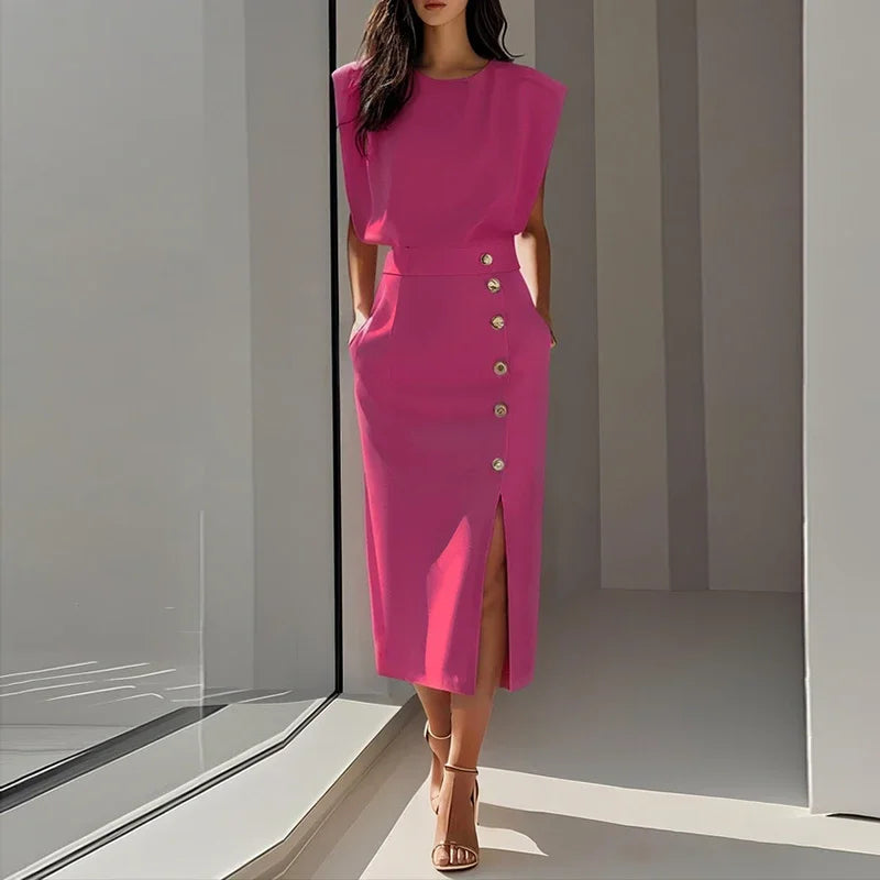 Arabella Elegant Button Split Midi Dress