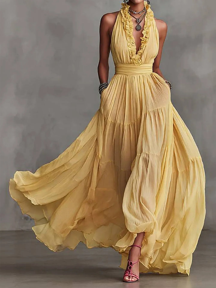 Zinnia Ruffle Trim Evening Maxi Dress