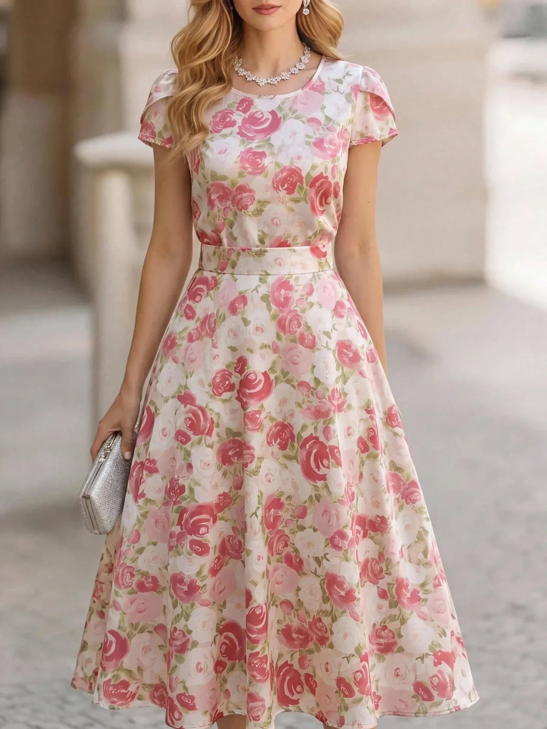 Isaline Elegant Floral Short Sleeve Midi Dress