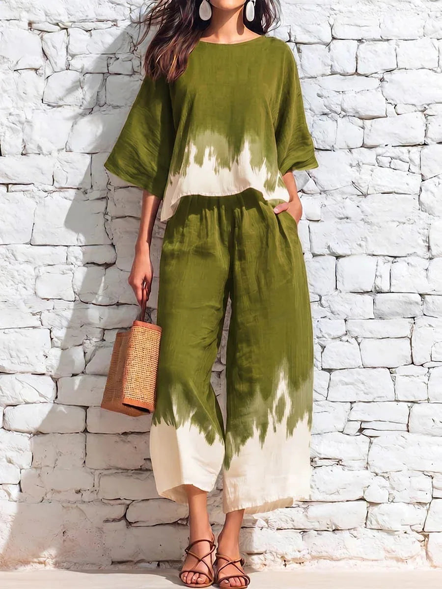 Lucille Printed Blouse Casual Pants Set