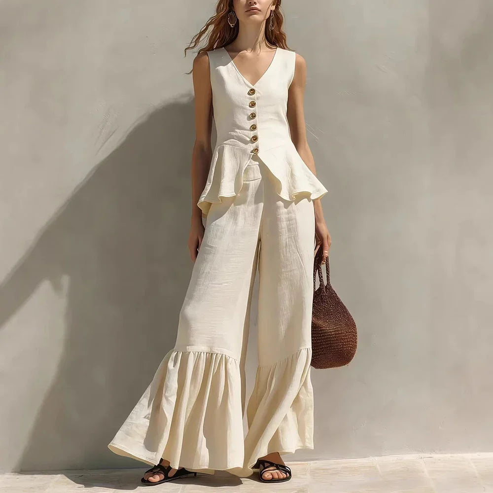 Sylvie Sleeveless Ruffle Trim Wide Leg Pants Set