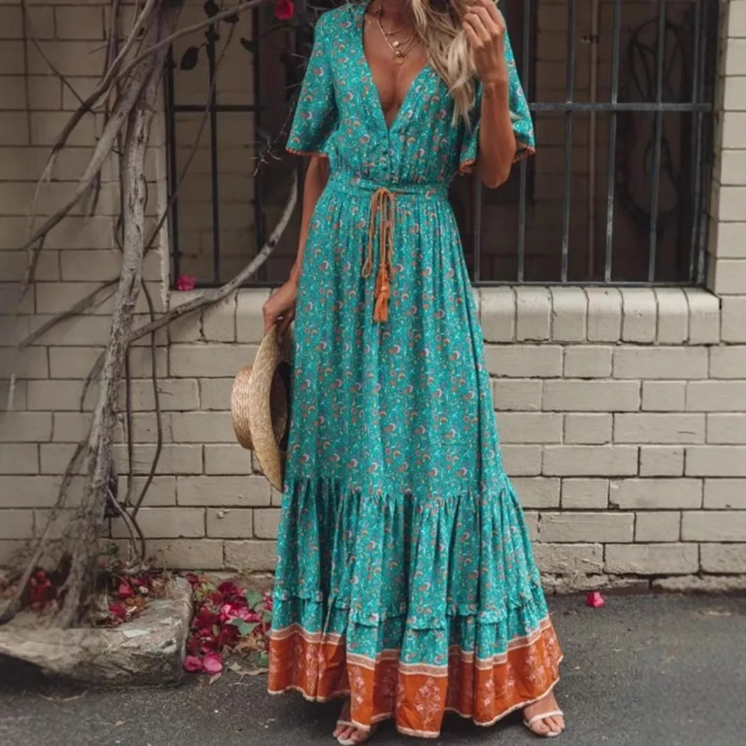 Celesia Drawstring Bohemian Maxi Dress
