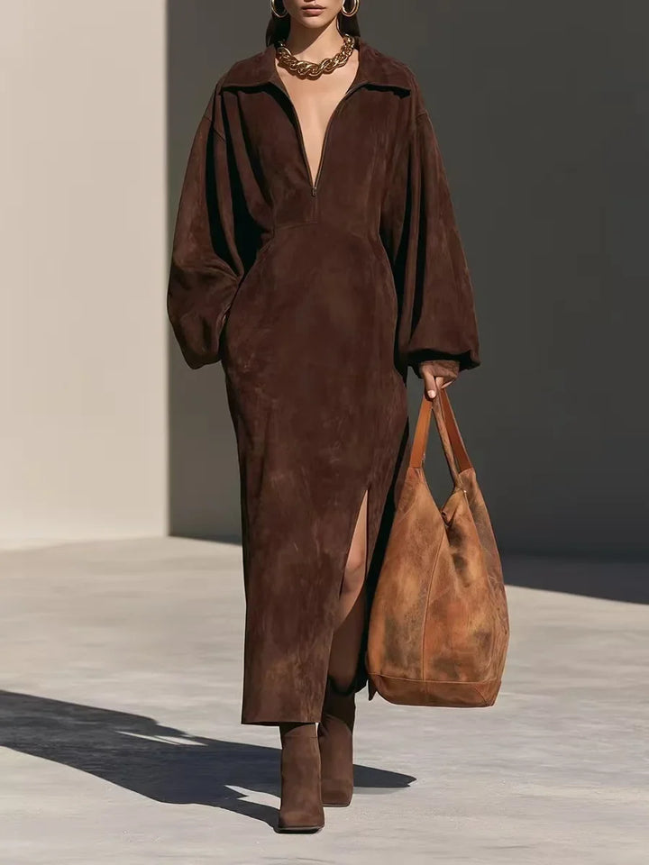 Thalia Half Zip Suede Dress
